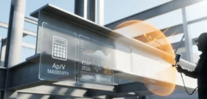 Aplicación de pintura intumescente en perfil de acero con interfaz digital que muestra el cálculo de masividad (Ap/V), espesor óptimo y precio por m2.