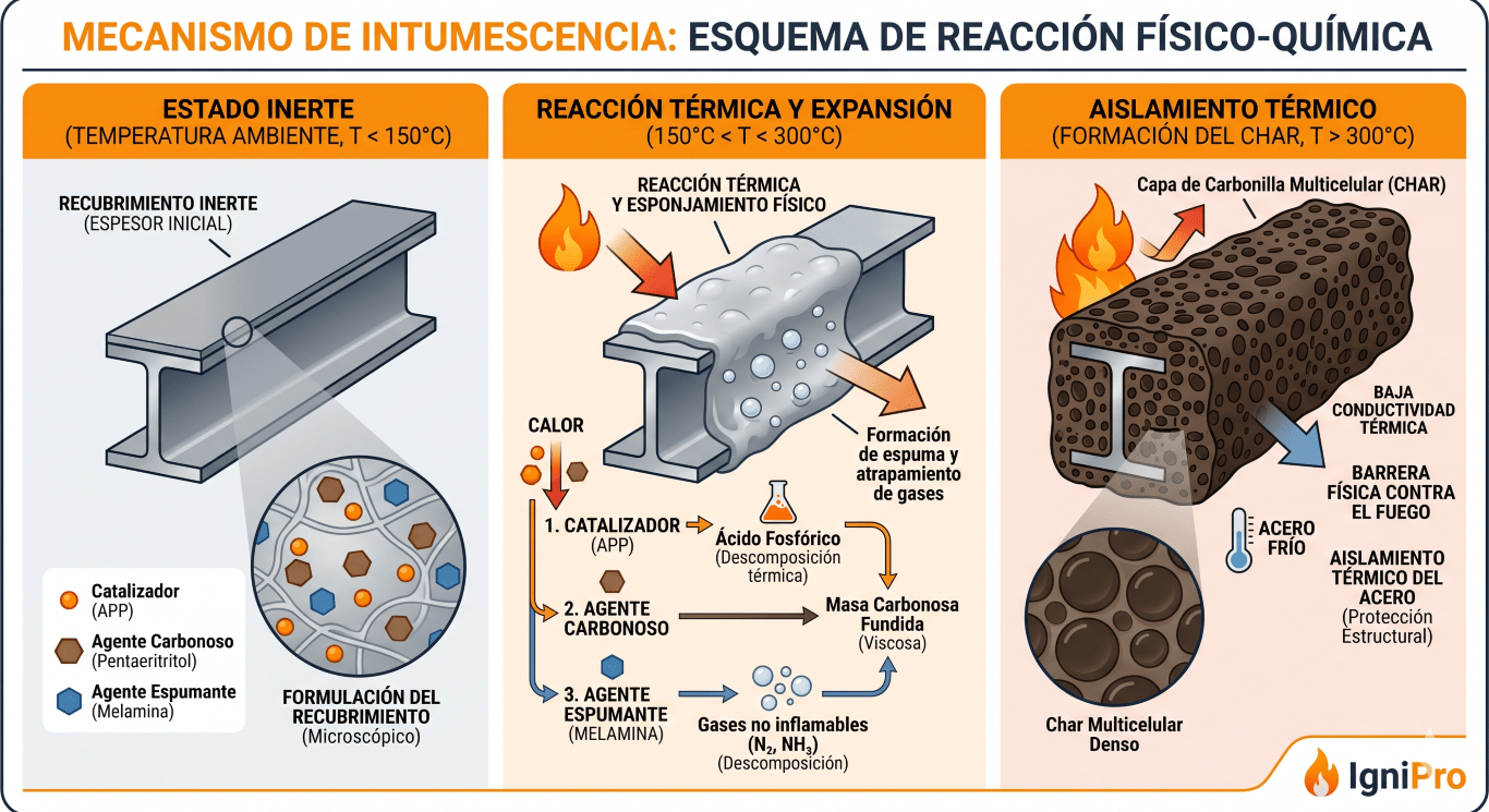 Mecanismo de intumescencia: reacción y expansión frente al fuego de los tipos de pintura intumescente