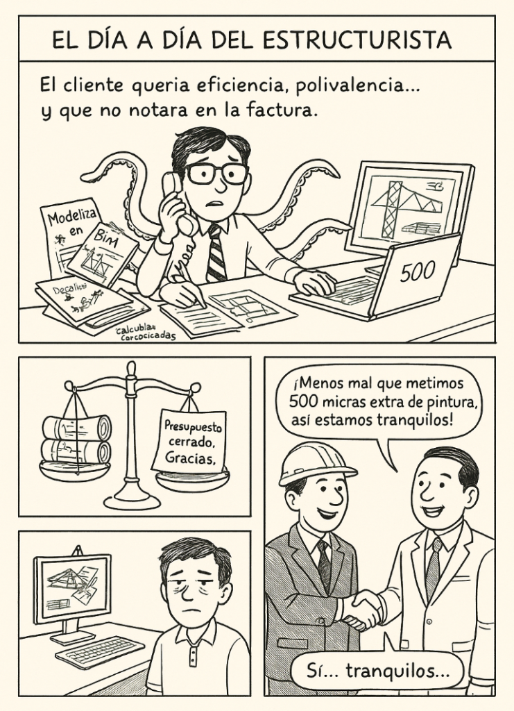 Viñeta en blanco y negro de tres paneles que muestra con humor la sobrecarga de tareas de un ingeniero estructurista, desde múltiples tareas simultáneas hasta la falta de reconocimiento presupuestario.